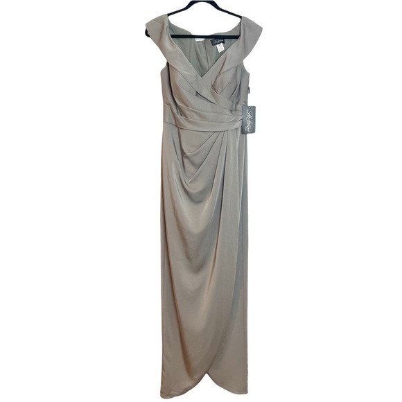 La Femme Surplice Off The Shoulder Column Gown in “Pewter”, Size 8 & 20 NWT - Picture 6 of 12